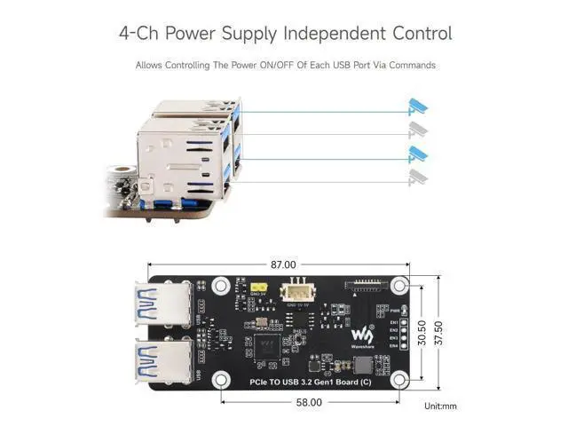 Alt view image 6 of 7 - PCIe to 4-Ch USB3.2 Gen1 Board (C), Compatible with Raspberry Pi 5, Up to 5Gbps Transmission Speed, No Driver Required, Plug and Play
