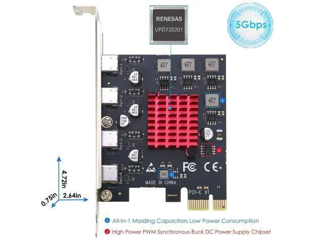 Alt view image 4 of 7 - USB C PCIe Card, PCIe x1 to 4Ports USB 3.2 Gen1 Type-C Expansion Adapter (No Additional Power Required)