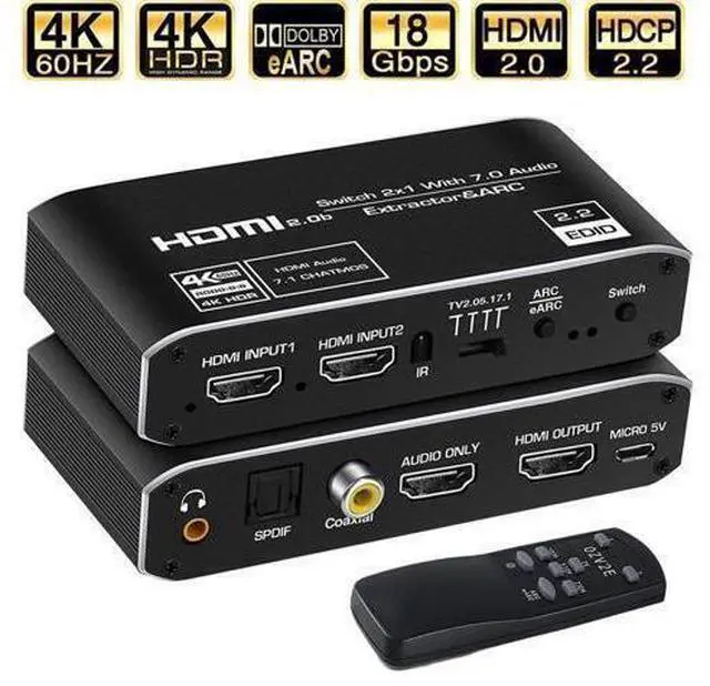 Main image of 4K HDMI Switch 2x1 with Audio Extractor 4K@60Hz Ultra HD HDMI Switcher with Optical TOSLINK SPDIF 3.5mmAudio Coaxial Support ARC Function 3D 1080P @120Hz 4Kx2k @60Hz HDTV(Remote Control)