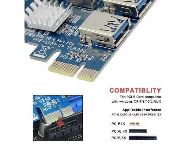 Alt view image 3 of 7 - 1 to 4 PCI Express 16X Slots Riser Card PCI-E 1X to External 4 PCI-E Slot Adapter PCIe Multiplier Card USB 3.0 Mining Special Riser Card for Bitcoin Miner