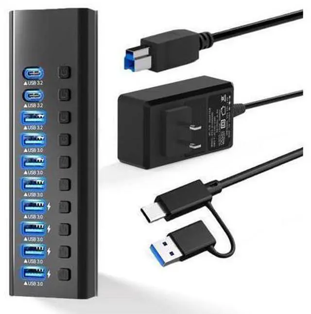 Main image of XJYLCPC USB Hub, 7 Ports Super High Speed USB 3.0 Hub Splitter + 1 USB-A 3.2 Ports + 2 USB-C 3.0 Ports, Black Smart Fast Charger Powered USB Hub for Laptop, Mac, PC, Mobile HDD, Mulitple Devices