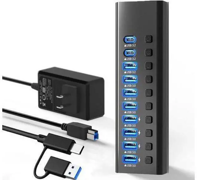 Main image of Powered USB Hub 3.0, Data 7 Ports USB3.0 Ports, 10Gbps USB-A 3.2 and 2 USB-C 3.2 Multi USB 3.0 Splitter with Individual LED Switches Power Adapter for Laptop Computer PC PS4 Flash Drive HDD