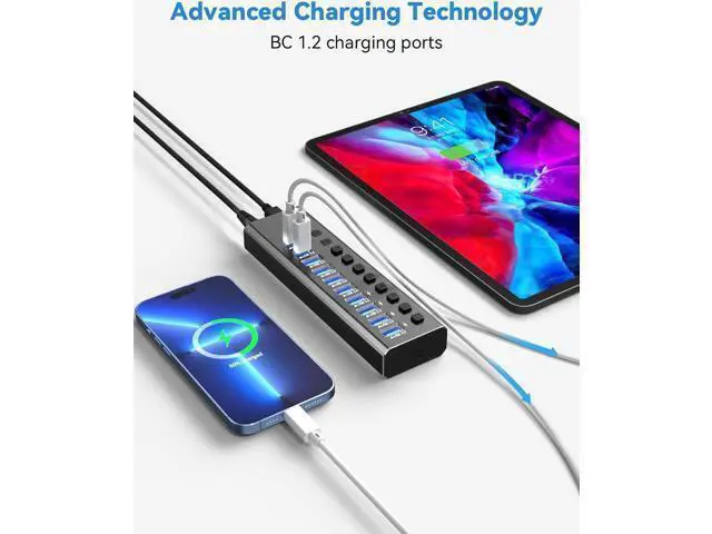 Alt view image 6 of 7 - Powered USB Hub 3.0, Data 7 Ports USB3.0 Ports, 10Gbps USB-A 3.2 and 2 USB-C 3.2 Multi USB 3.0 Splitter with Individual LED Switches Power Adapter for Laptop Computer PC PS4 Flash Drive HDD