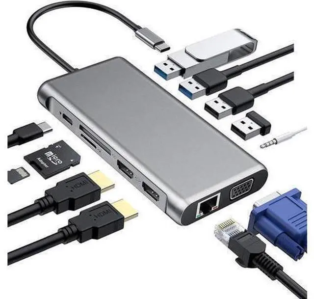 Main image of XJYLCPC USB C Triple Monitor Docking Station for Type-C Laptops, 12 in 1 Triple Display USB C Hub Adapter w/2 HDMI 4K+VGA+2 USB3.0+2 USB2.0+100W PD+Ethernet+SD/TF+Audio