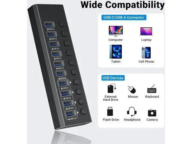 Alt view image 2 of 7 - Powered USB Hub, 10-Port USB 3.0 Hub with 4 Smart Charging, Individual Switches and 12V Power Adapter, Aluminum USB Port Expander for Laptop/PC, KZW-10USBA