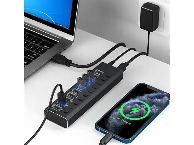 Alt view image 4 of 7 - Powered USB Hub, 10-Port USB 3.0 Hub with 4 Smart Charging, Individual Switches and 12V Power Adapter, Aluminum USB Port Expander for Laptop/PC, KZW-10USBA