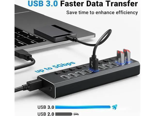 Alt view image 7 of 7 - Powered USB Hub, 10-Port USB 3.0 Hub with 4 Smart Charging, Individual Switches and 12V Power Adapter, Aluminum USB Port Expander for Laptop/PC, KZW-10USBA