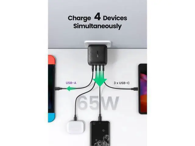 Alt view image 3 of 7 - USB C Charger Block 65W 4-Port GaN PPS PD Charger, Compact Travel Fast Charger, USB Wall Charger for MacBook Pro Air, iPad, iPhone 12, Galaxy, Nintendo Switch and All USB C Charger