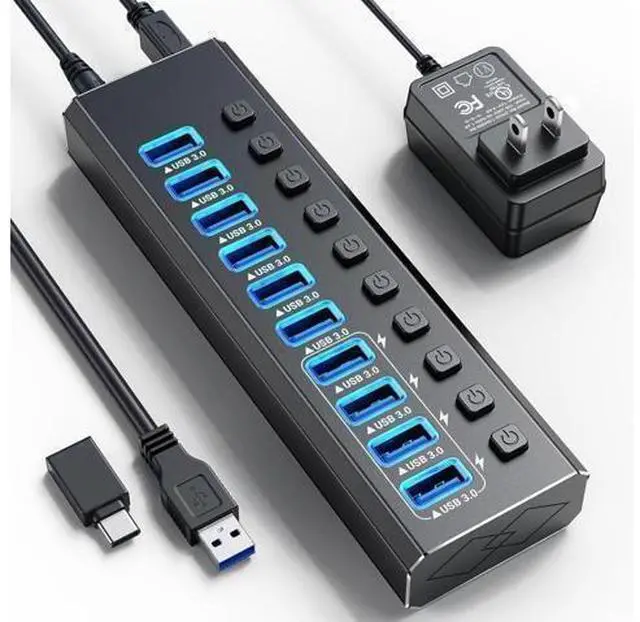 Main image of XJYLCPC Powered USB Hub, 10-Port USB 3.0 Hub Splitter (10 USB 3.0 Data Ports with 4 Smart Charging ) with Individual LED On/Off Switches, USB Hub 3.0 Powered with 48W AC Adapter for Mac, PC
