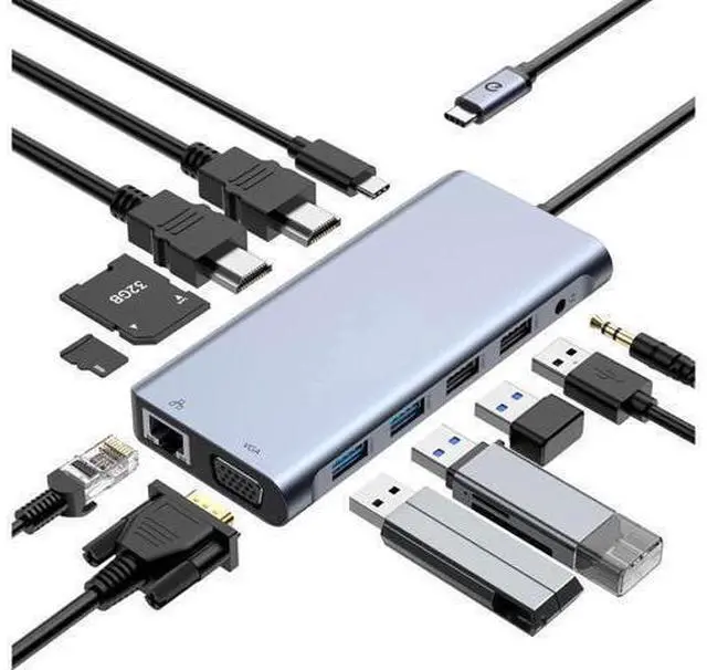 Main image of XJYLCPC Triple Monitor USB C Laptop Docking Station, USB C Hub Multiport Adapter Dongle Dock with 2 HDMI, VGA, PD Charging,Ethernet,4 USB-A Ports,SD/TF,Audio, Compatible for Type-C Laptops