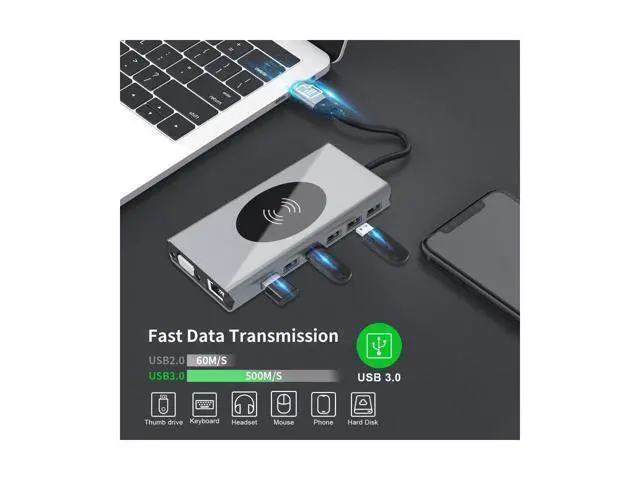 Alt view image 5 of 7 - USB C Docking Station,15 in 1 Laptop Docking Station Dual Monitor,with 4K- HDMI,VGA,Gigablit Ethernet,7 USB,SD/TF Card Reader,Audio Port,Wireless Charging Compatible with MacBook/Surface
