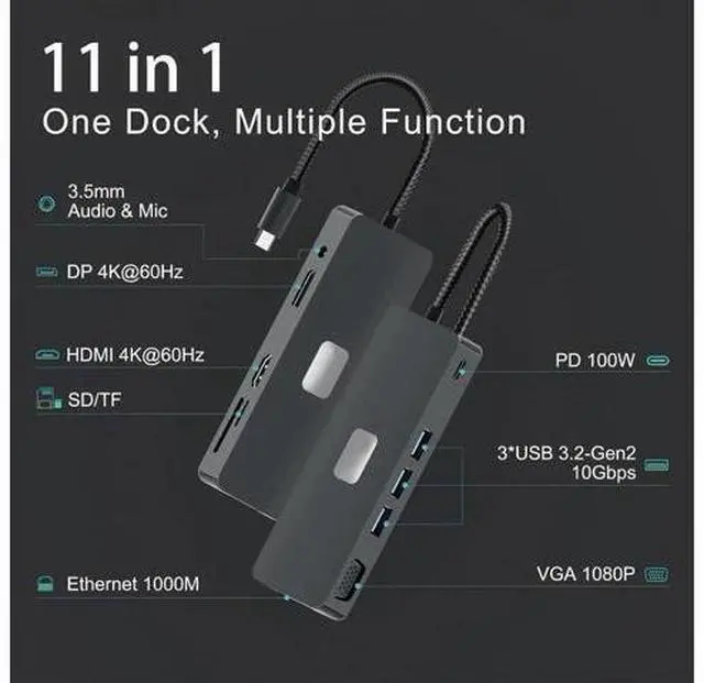 Main image of XJYLCPC USB C Docking Station, 11 in 1 USB C Hub Adapter with 4K60 HDMI, 4K60 DisplayPort, VGA, Ethernet, 3*10Gbps USB-A Ports, Audio, 100W PD, SD/TF Card Reader for MacBook Pro Air, XPS, Surface