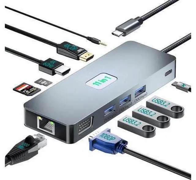 Main image of XJYLCPC USB C Triple Monitor Docking Station for Type-C Laptops, 11 in 1 Triple Display USB C Hub Adapter w/ 4K HDMI+4K DP+VGA+3 USB3.2+100W PD+Ethernet+SD/TF+Audio