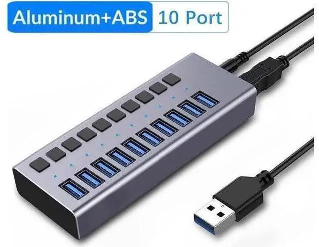 Main image of Powered USB Hub 3.0, Data 10 Ports and USB Charging 10 Port Multi USB 3.0 Splitter with Individual LED Switches Power Adapter 4FT Extender Long Cable for Laptop Computer PC PS4 Flash Drive