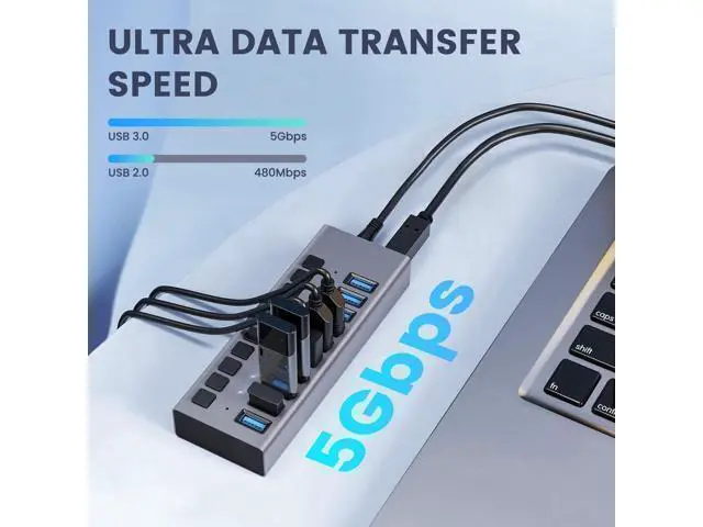Alt view image 7 of 7 - Powered USB Hub 3.0, Data 10 Ports and USB Charging 10 Port Multi USB 3.0 Splitter with Individual LED Switches Power Adapter 4FT Extender Long Cable for Laptop Computer PC PS4 Flash Drive