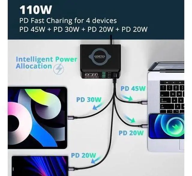 Alt view image 4 of 6 - 110W 8 Port USB C Charging Station Hub Block Charger Power Strip Adapter Plug Cube, 4C4A (C1 45W + C2 30W+C3/C4 20W) + 15W Wireless Charging, USB C Fast Charger for Cell Phone, Tablet