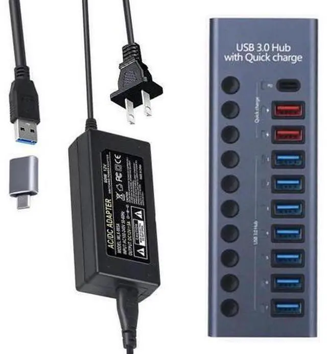 Main image of Powered USB Hub 3.0 Aluminum, 10-Port USB Splitter Hub with Smart Charging Ports, Individual On/Off Switches and 12V/5A Power Adapter USB Extension for MacBook, Mac Pro/Mini and More