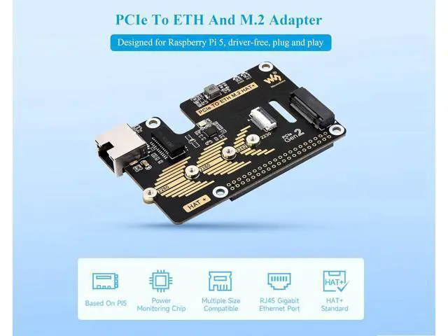 Alt view image 3 of 7 - PCIe to Gigabit Ethernet and M.2 Adapter HAT Compatible with Raspberry Pi 5, Pi 5 NVMe HAT Support 2280/2260/2242/2230 NVMe M.2 SSD, 5Gbps Data Rate, High-Speed Reading/Writing, No Driver Needed