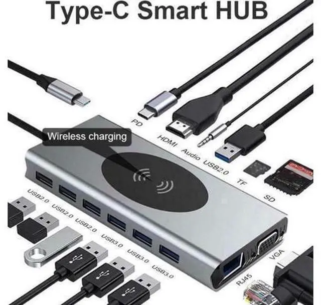 Main image of Dual Display USB Type C HUB with to VGA HDMI, Displayport, PD3.0, Ethernet, 7 USB Ports, SD/TF,Wireless Charging Multiport Adapter Docking Station Dongle for MacBook Air Pro and More