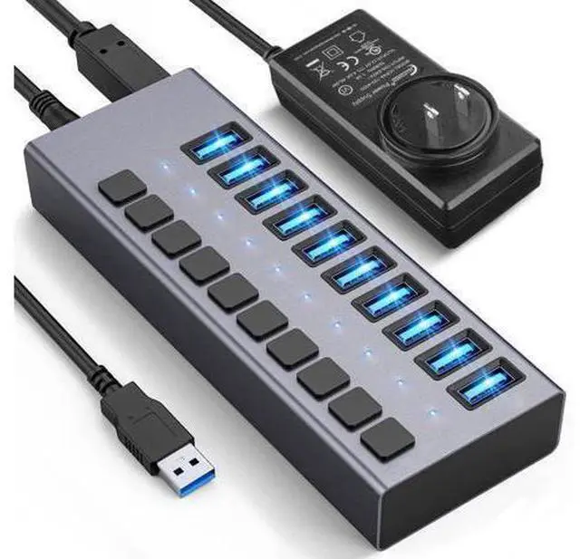 Main image of XJYLCPC Powered USB Hub - 10 Ports 48W USB 3.0 Data Port, Aluminum Housing, Individual On/Off Switches, 12V/4A Power Adapter, 5Gbps High Speed, USB 3.0 Hub for Laptop PC Computer Mobile HDD