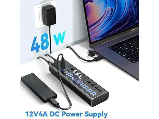 Alt view image 4 of 7 - XJYLCPC Powered Hybrid USB-A/C Hub10 Ports 48W Powered USB Hub Aluminum USB Splitter with Individual On/Off Switches and 12V Power Adapter for PC, Laptops, MacBook Pro/Air, iMac,