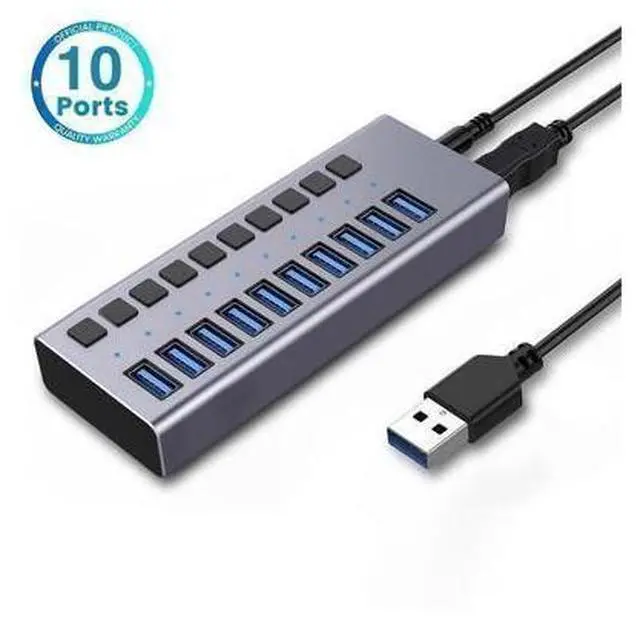 Main image of XJYLCPC Powered USB Hub, 10-Port USB Splitter Hub (10 Data HUB and Charging Port) with Individual LED On/Off Switches, USB Hub 3.0 Powered with Power Adapter for Mac, PC