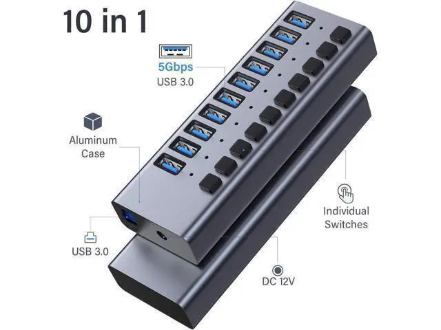 Alt view image 2 of 7 - XJYLCPC Powered USB Hub, 10-Port USB Splitter Hub (10 Data HUB and Charging Port) with Individual LED On/Off Switches, USB Hub 3.0 Powered with Power Adapter for Mac, PC