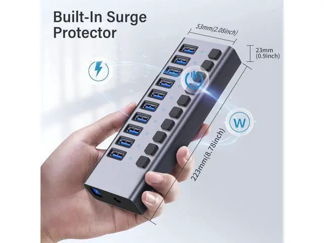 Alt view image 7 of 7 - XJYLCPC Powered USB Hub, 10-Port USB Splitter Hub (10 Data HUB and Charging Port) with Individual LED On/Off Switches, USB Hub 3.0 Powered with Power Adapter for Mac, PC