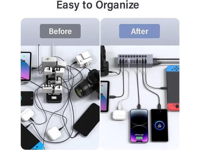 Alt view image 3 of 7 - XJYLCPC Powered USB Hub, 10-Port USB Splitter Hub (10 Data HUB and Charging Port) with Individual LED On/Off Switches, USB Hub 3.0 Powered with Power Adapter for Mac, PC