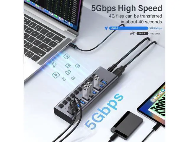 Alt view image 5 of 7 - XJYLCPC Powered USB Hub, 10-Port USB Splitter Hub (10 Data HUB and Charging Port) with Individual LED On/Off Switches, USB Hub 3.0 Powered with Power Adapter for Mac, PC