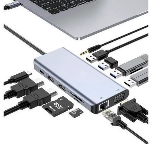 Main image of XJYLCPC USB C Docking Station, 12 in 1 USB C Hub Adapter with 2 HDMI 4K, VGA, Ethernet, 4 USB-A Ports, Audio, 100W PD, SD/TF Card Reader for MacBook Pro Air, XPS, Surface
