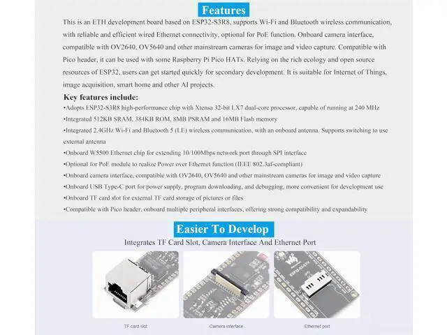 Alt view image 3 of 7 - ESP32-S3 Ethernet Development Board, 10/100Mbps RJ45 Ethernet Port, 240MHz Dual Core Processor, Onboard Type-C Port & TF Card Slot, Support WiFi & BLE & ETH Communication