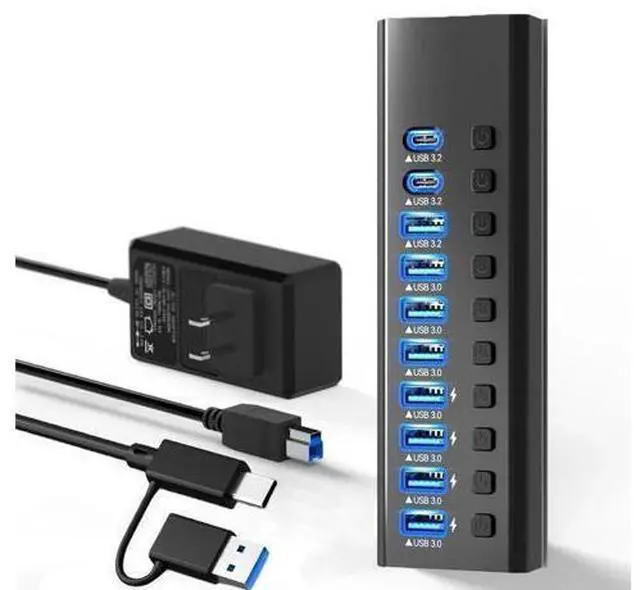 Main image of USB Hub 3.0 Powered, 10 Ports Hybrid USB Data Hub Splitter with One Smart Charging Port and 12V Powered Adapter and ON/Off Switches for MacBook, Mac Pro/Mini, iMac, Surface Pro Laptop/PC