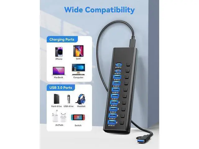 Alt view image 7 of 7 - USB Hub 3.0 Powered, 10 Ports Hybrid USB Data Hub Splitter with One Smart Charging Port and 12V Powered Adapter and ON/Off Switches for MacBook, Mac Pro/Mini, iMac, Surface Pro Laptop/PC