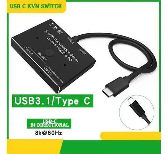 Main image of USB-C Switch 2 in 1 Out/1 in 2 Out Upgrade Version KVM Switch Converter Support Video Data PD 8K@30hz 100W 10Gbps Compatible with Thunderbolt Device, Black
