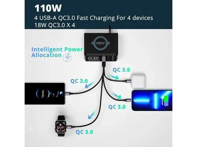 Alt view image 3 of 7 - 110W Charging Station with Wireless Charging, 8-Port USB Charging Station, Desktop Laptop Charger Portable USB-C Power Adapter for iPhone iPad Tablets Smartphones, Home Office Use
