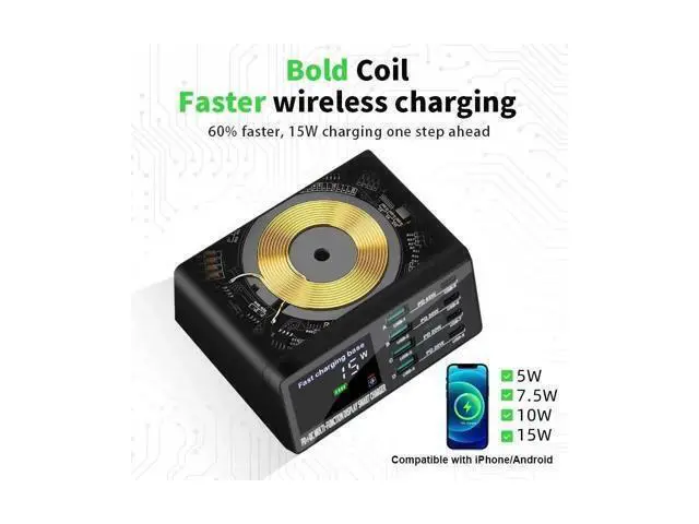 Alt view image 5 of 7 - 110W Charging Station with Wireless Charging, 8-Port USB Charging Station, Desktop Laptop Charger Portable USB-C Power Adapter for iPhone iPad Tablets Smartphones, Home Office Use