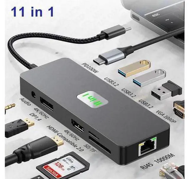 Main image of XJYLCPC USB C Hub, Docking Station, 11 in 1 USB C Adapter Dongle with 4K60 HDMI 4K60 DP 1080P VGA 1000Mbps Ethernet PD 3.0 100W 3* 10Gbps USB3.2 TF/SD Card Slot, Audio Laptop Docking