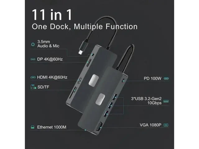 Alt view image 2 of 7 - XJYLCPC USB C Hub, Docking Station, 11 in 1 USB C Adapter Dongle with 4K60 HDMI 4K60 DP 1080P VGA 1000Mbps Ethernet PD 3.0 100W 3* 10Gbps USB3.2 TF/SD Card Slot, Audio Laptop Docking
