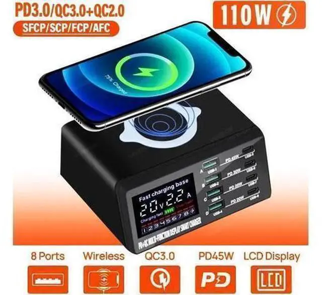 Main image of 8 Port Charging Station for Multiple Devices, Desk Charger Block 8 USB Ports, 15W Wireless Charging, Charger Tower for iPhone iPad Tablets Smartphones, Home Office Use