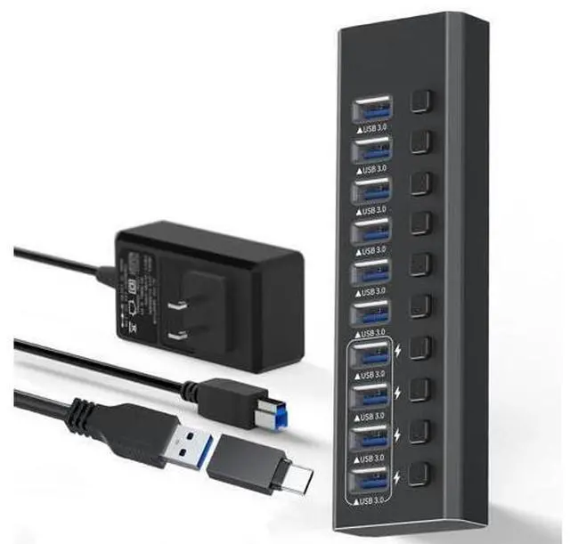 Main image of XJYLCPC USB Hub 3.0 Powered, 10 Ports USB Data Hub Splitter with 4 Smart Charging Port and 12V Powered Adapter and ON/Off Switches for MacBook, Mac Pro/Mini, iMac, Surface Pro Laptop/PC