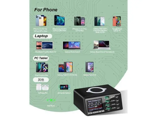 Alt view image 7 of 7 - 8 Port Charging Station for Multiple Devices, Desk Charger Block 8 USB Ports, 15W Wireless Charging, Charger Tower for iPhone iPad Tablets Smartphones, Home Office Use