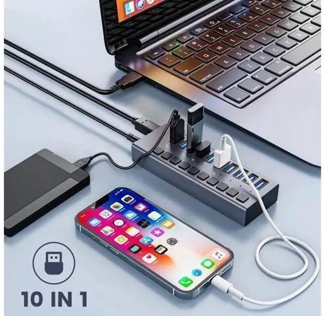 Alt view image 2 of 7 - Powered USB Hub 3.0,Aluminum 10-Port USB Data Hub Splitter with 10 Data HUB and Charging Port and Individual On/Off Switches and 5V/4A Power Adapter USB Extension for MacBook, Mac Pro/Mini