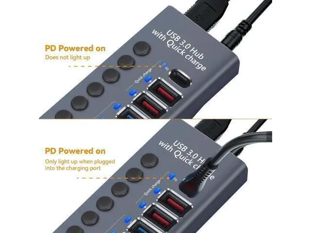 Alt view image 3 of 7 - XJYLCPC Powered USB Hub 3.0, 10-Port USB 3.0 Hub, 7 USB 3.0 Data Transmission Ports + 2 Smart Charging Ports + 1 PD Charging Port with Individual On/Off Switches with Power Adapter for Laptop PC