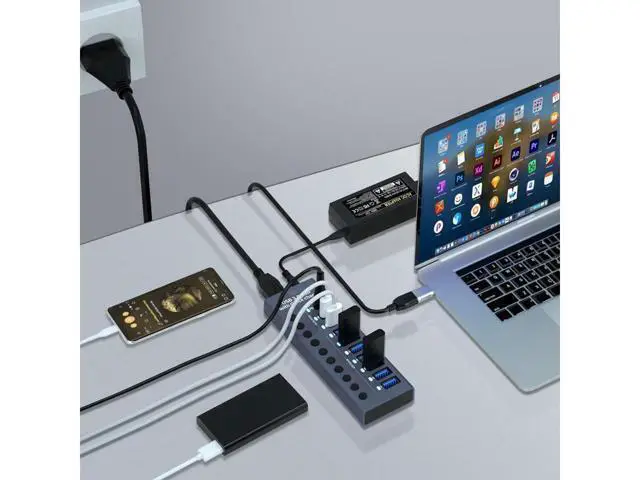 Alt view image 4 of 7 - XJYLCPC Powered USB Hub 3.0, 10-Port USB 3.0 Hub, 7 USB 3.0 Data Transmission Ports + 2 Smart Charging Ports + 1 PD Charging Port with Individual On/Off Switches with Power Adapter for Laptop PC