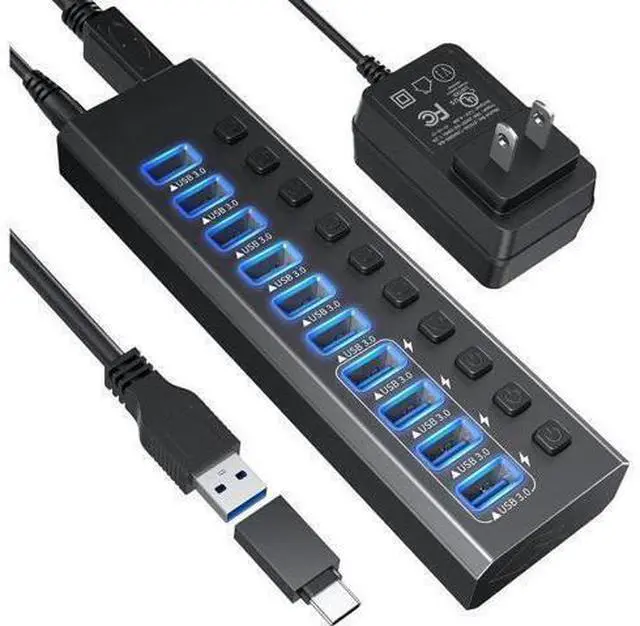Main image of XJYLCPC 10-Port Powered USB 3.0 Hub 48W with 10 USB 3.0 Data Ports with 4 Smart Charging, Aluminum USB Splitter with Individual On/Off Switches for Laptop, Mac, PC, HDD, Mulitple Devices