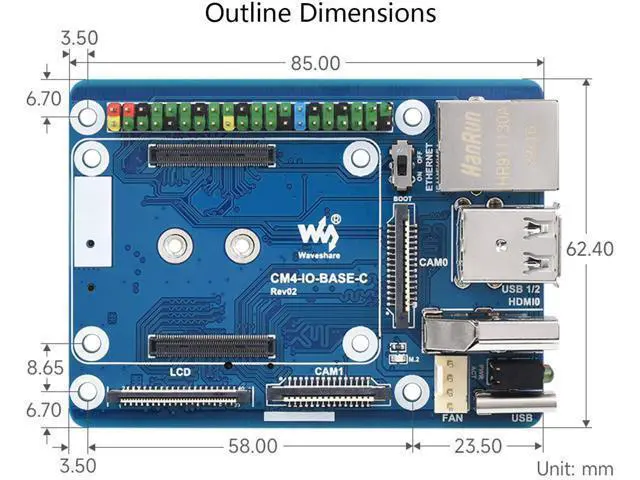 Alt view image 7 of 7 - CM4 Base Board (Advanced C Version) for Compute Module 4, with Raspberry Pi 40PIN GPIO Header/MIPI CSI Camera Ports/LCD Display Port/Fan/HDMI/USB/Gigabit Ethernet RJ45 Connector
