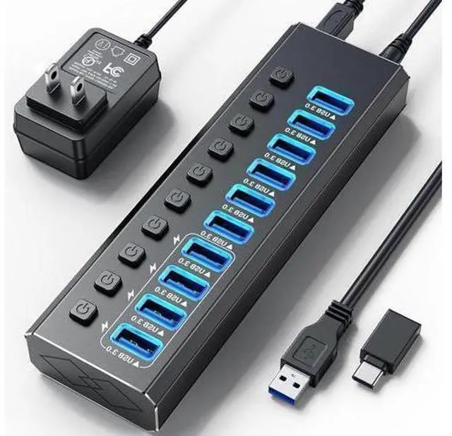 Main image of XJYLCPC Powered USB3.0 Hub 10 Ports 48W Powered USB Hub with 4 Smart Charging port Aluminum USB Splitter with Individual On/Off Switches and 12V Power Adapter for PC Laptops MacBook Pro/Air iMac