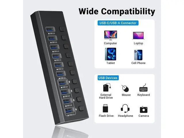 Alt view image 4 of 6 - XJYLCPC Powered USB3.0 Hub 10 Ports 48W Powered USB Hub with 4 Smart Charging port Aluminum USB Splitter with Individual On/Off Switches and 12V Power Adapter for PC Laptops MacBook Pro/Air iMac