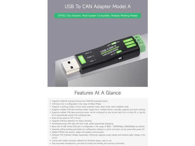 Alt view image 3 of 7 - USB to CAN Adapter Model A, STM32 Chip Solution, Multiple Working Modes, Multi-System Compatible